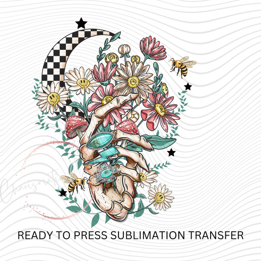 Skelly hands Boho Moon Retro- NEW DROP- Ready to Press Sublimation Print Transfer