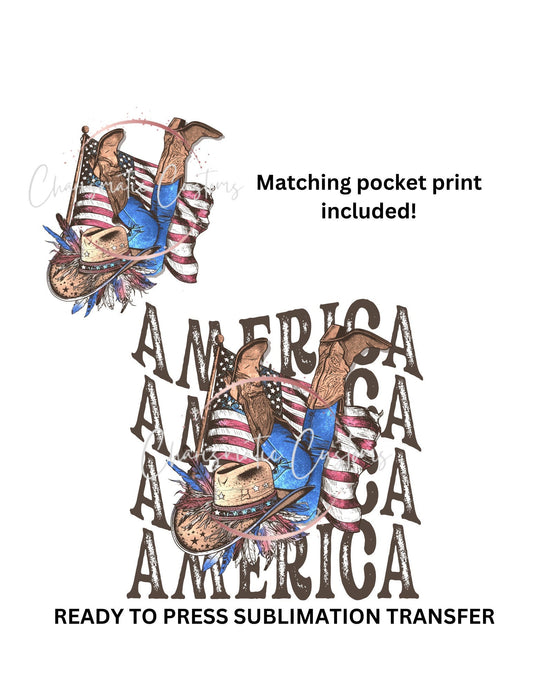 NEW DROP- American cowgirl - western - cowboy, American - with pocket print Ready to Press Sublimation Print Transfer