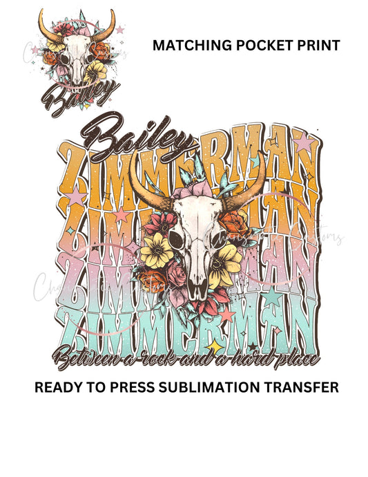 Western Boho longhornZimmerman with matching pocket - NEW DROP- Ready to Press Sublimation Print Transfer