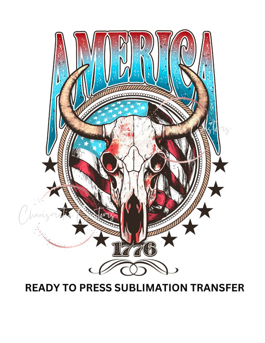 America,1776, flag, 4th of July western, Boho Long horn - NEW DROP- Ready to Press Sublimation Print Transfer