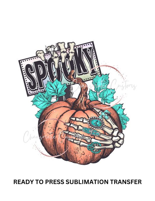 Spooky Pumpkin, teal, western, boho, Halloween Simple skeleton hand - NEW DROP- Ready to Press Sublimation Print Transfer