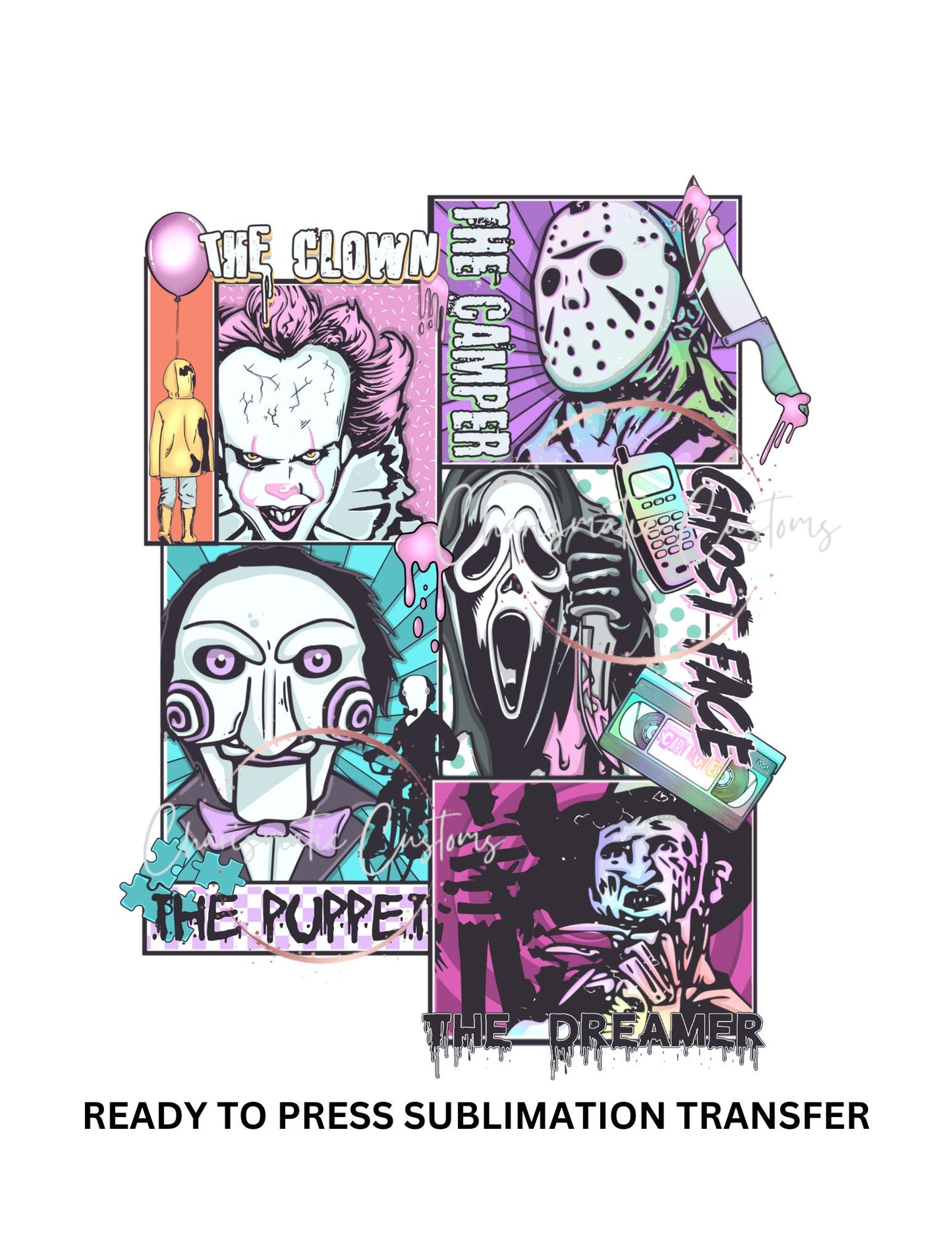 The Clown The mask, Ghost face, The dreamer, The camper, Freddie, IT Halloween, Scare NEW DROP Ready Press Sublimation Print Transfer