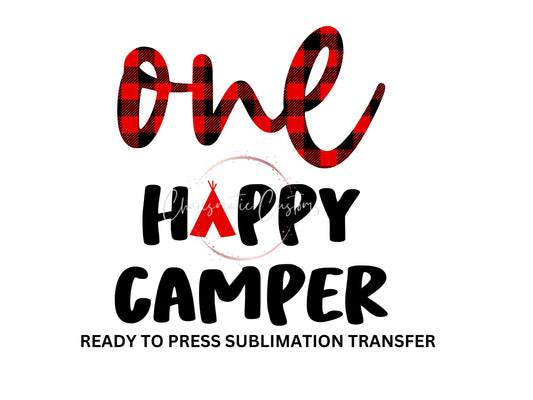 One Happy Camper Birthday camping party red black - Ready to Press Sublimation Print Transfer